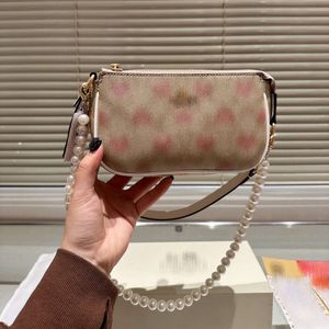 Coache New Versatile Fashion Printed Mahjong Bag For Women, Old Flower Peach Heart Classic, Western Style Pearl Chain, Underarm Single Shoulder Coachtopia 636