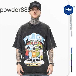 FGSS MENS bär Kanyess2024 Spring/Summer New Product Trendy Brand Creative Cartoon Guardian Earth Print Wash Short Sleeved T-shirt