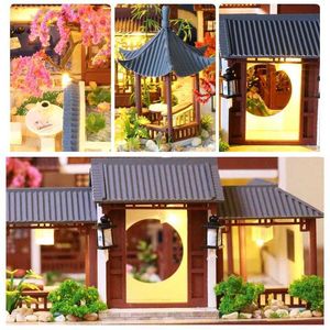 Doll House Accessories DIY wooden doll house mini furniture with LED light kit Chinese villa assembly toy suitable Q240522