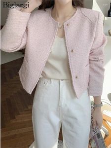 Damenjacken Frühling Tweed Pink Coat Frauen Langarm Casual Lose Fashion Ladies Cropped koreanische Stil Frau Mäntel Mitteau Femme