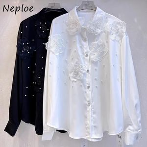 NEPLOE 2024 Spring Lapela pescoço blusas brancas Organza pesada 3D Flor Flusa BLUSA Y2K Camisas de manga longa Mulheres 240522