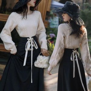 Work Dresses Women's Suit White Square Neck Long Sleeve Pullover Sweater Black High Waist Strap Mid Length Dress Sweet Age Reducing Two