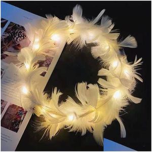 Other Home Garden Led Light Feather Wreath Halo Bridal Floral Crown Hair Band Mint Head Party Headpiece Bridesmaid Drop Delivery Dhw9E