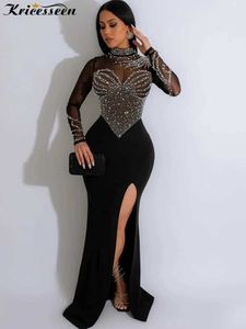 Basic Casual Dresses Kricesseen Sexy Black Crystal Pearl High Split Maxi Dress Womens Long sleeved Mesh Body Dress Birthday Party Clothing J240523