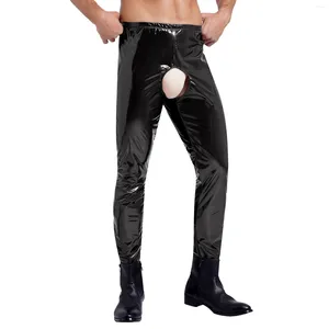Женские трусики черные латексные кожаные брюки Мужчина блестящие влажные виды патентные открытые промежности Эластичные леггинсы HEHG Sexy Skinny Bunders