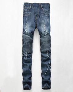 Men039s ripped creased light jeans designer long slim trousers with holes mid rise straight size 2840 high quality6788783
