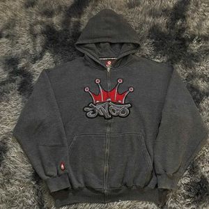 Herrtröjor tröjor y2k vinter broderad dragkedja hoodie mens jnco retro casual gothic mönster tröja hoodie par gata kläder q240522