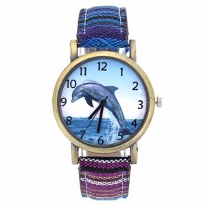 Wristwatches Dolphin Pattern Ocean Aquarium Fish Fashion Casual Men Women Canvas Cloth Strap Sport Analog Quartz Watch 228C
