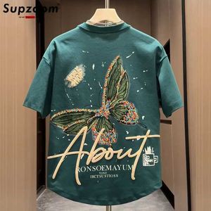 メンズTシャツSupzoom New Arriming Summer Top Fashion Printed Butterfly Short Oneck Casuare Hip Hop Heavy Texture Cotton Ins Loose Men Tshirt J240522