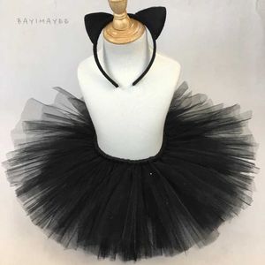 Kjolar kjolar tjej svart katt tutu skidåkning baby handgjorda fluffiga tyll balett pettiskirts med hår set barnfest skidåkning kostym rollspel kostym wx5.21
