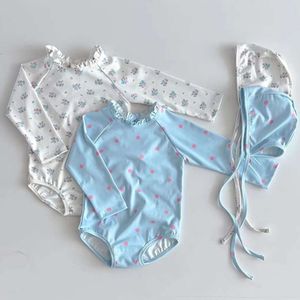 0-3 Yrs Toddler Baby Kids Girls Summer Sweet Swimsuits Floral Print Long Sleeve Ruffles Swimwear Sun Hat Beachwear Bathing Suit L2405