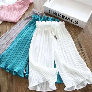 Childen's Girls Summer Ice Silk Wide Leg Pants Baby Fashion Lace Chiffon Waist Flare Trousers Kids Girl Loose Buttom Clothes L2405