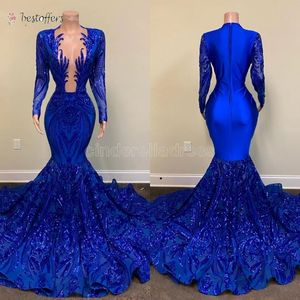 2022 funkeln lange Abendkleider sexy Meerjungfrau Langarm Sheer Ausschnitt Royal Blue Meerjungfrau Afrikanische Schwarze Mädchen Prom Gala -Kleider B0310 225y