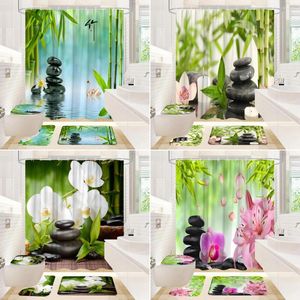 Cortinas de chuveiro 4pcs Zen Stone Curtain River Green Bamboo Planta Flor Flor Candle Spa Lotus Conjunto de banheiro