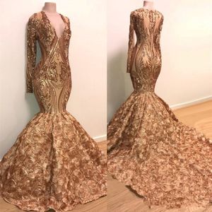 Paljetter Applique Mermaid aftonklänningar 2020 REAL Bild långärmad guld Champagne 3D Rose Floral Bottom African Black Girl Prom Dress 236m