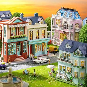 Blocks Diy Mini Wooden Doll House com móveis Light Casa Assembly Modelo Rosa Princess Villa Art Set Toy Birthday H240523