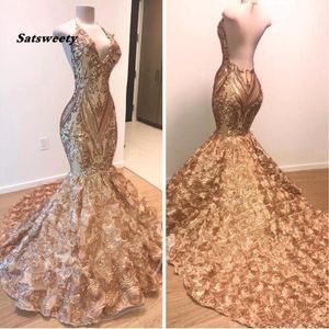 African Gold Prom Dresses Mermaid Halter V Neck 3D Blommor ärmlös aftonklänning Lång arabisk Dubai -festklänningar 207b