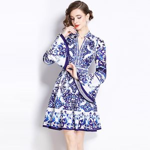 Fashion Vintage V-neck Mini Dress For Women, Long Flared Sleeve Cardigan Printed Dress, Elegant Slim Short Dresses Vestidos