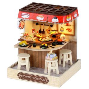 Doll House Acessórios Diy Wooden Mini Sushi Restaurant Casa Mini Building Kit Doll House com móveis LED LUZ