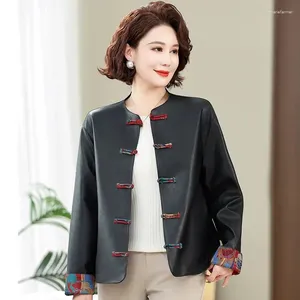 Cuoio da donna 2024 abbigliamento molla molla autunno sciolto bottone cinese di alta grado giacca maniche arricciate
