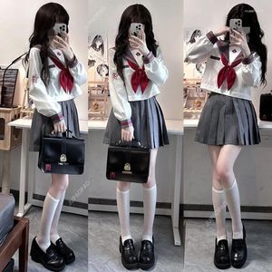 Clothing Sets Gray White JK Korean Japanese Sailor Suit Girls School Uniform Cute Pleated Skirt Anime COS Costume For Women Girl
