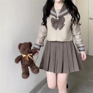 Clothing Sets Milk Tea Color Japanese School Uniform Student Girls Navy Female Sexy JK Long Skirt Set Sailor Shirt Pleated