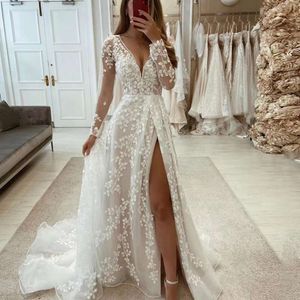 Księżniczka V-Neck Long Rleeves Suknie ślubne koronkowe Aplikacje panny młodej suknie seksowne rozłam tiulowy a-line zamiatanie pojemnik de vestidos de novia 0523