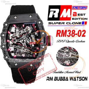 Bubba Watson 38-02 Manual Wind Tourbillon Mens Assista RMF TPT quartzo Carbono Squeleto de Red Dial Black Nylon Strap Super Edição