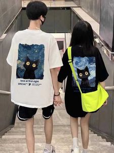 Męskie koszulki T-shirty Blue Sky Cat Dopasujący chłopak i dziewczyna para t-shirt top męskie Summer luźne bawełniane krótkie t-shirt Y240522