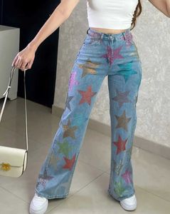 Jeans femininos Cantura alta jeans feminino 2024 Vintage Star Wash Old Print Denim Troushers Y2K Strtwear calças All-Match Casual