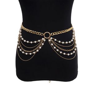 Frauen künstlicher Perle Metall Taille Kette Luxus Bankettketten Goldfarbe mehrschichtiger Dekorationsketten Taille Kette 270k