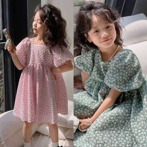 Girls Casual Floral Print Puffy Sleeves Dress Flower Girl Dresses Square Collar Clothes for Kids 3 To 7 Years L2405
