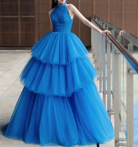 أزياء الأزرق حفلة موسيقية الفساتين الرسمية 2024 HALTER PLEATS RUFHLESTERS TILERED TULLE TULLE EVISY BIRDIAN