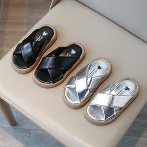 Girls Slippers Platform Sliver Black Cross-band Stylish Children Sandals Summer Beach Slip-on Casual Flexiable Kids Shoes 26-36 240523