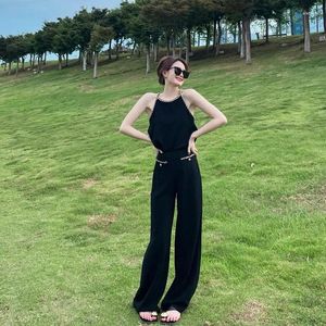 Women's Two Piece Pants Sweet Girl Casual Suit Summer Black Round Neck Sleeveless Top Wide Leg Two-piece Set Fashion Female Clothes