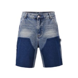 Sommer Streetwear Color Block Baggy Jeans Frachtshorts für Männer Weitbein Patchwork Denim Knie Länge Hose Übergroße Sommer Short 240523