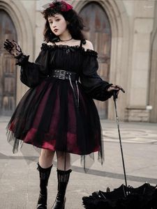 Casual Dresses Lolita Dress Halloween Simple Gothic Goth Full Set Op Black Off Shoule Women High midje lång ärmmesh prinsessa