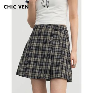 Chic Ven Womens Minirock Vintage Plaid plissierte A-Line-Rock High Tailleed Womens Clothing Preppy Frühling Sommer 240513