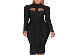 Ocstrade kvinnor svart bandage klänning bodycon ny ankomst sexig klipp ut hög hals långärmad fest rayon bandage midi klänning 2010299813326