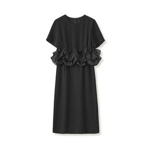 Vestido de coloração sólido preto de verão, vestidos casuais de pescoço redondo de manga curta W4W097410
