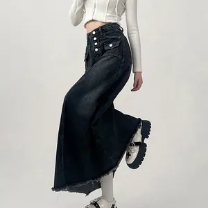 Spódnice vintage dżinsowa długa spódnica dla kobiet 2024 wiosna letnia wysoka talia krawędź A-line żeńska harajuku street dżins