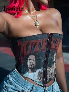 Kvinnors tankar Camis Insgoth Grunge Punk Portrait Print Black Camis Street Clothing Sleeveless Backless Tube Hidden Button Tight Bh Top E Girls Goth Clothing J240523