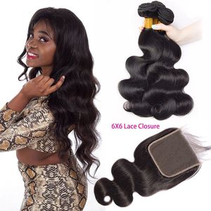 Indian Human Hair Bundles With 6X6 Lace Closure Middle Three Free Part Body Wave Hair Wefts With 6*6 Closure Natural Color Icptv