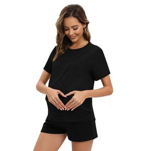 Pijama definido para mulheres grávidas Maternidade Sleepwear Roupas de enfermagem VERMANIMENTO ALTOMENTO DE ARMAÇÃO DE NOITES AMAMENTO DE NOVIMENTO DESENHO TOPSSHORTS 240523