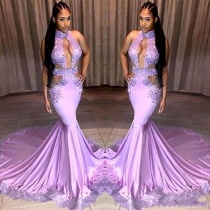 2019 Ny Sexig Light Purple Prom Dresses Keyhole Neck Lace Appliciques paljetter Cutaway Sides Sweep Train Cheap Evening Party Homecoming Go 276G