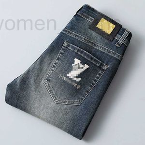 Herr jeans designer höst mode koreanska smala passform byxor smala passform tjock broderade blå grå byxor 40wk