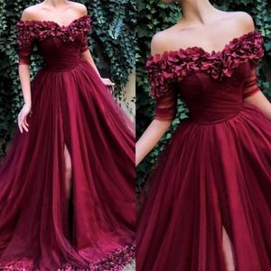 2020 Nya sexiga balklänningar Bourgogne Hand Made Flowers 1 2 Sleeve Backless Tulle Plus Size Split Sweep Train Party Dress Evening Gowns 270T