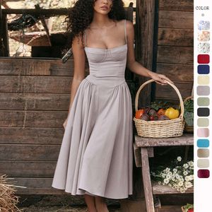 Ny sommarkvinnor kjol franska vintage maxi klänning domstol stil sexig slitage halter klänning blommig fast färgklänningar 852 99b10