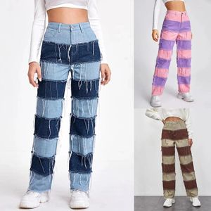 Women's Jeans Mid Waist Color Block Patchwork Trendy Wild Casual Straight Pants Tassel Stylish Baggy Fitting Trousers With Pockets