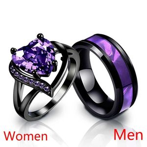 Parringar Fashion Par Ring Romantic Womens Heart Purple Rhinestone Zircon Ring Fashion Mens Rostfritt stål Ring Wedding Ring Smycken S2452301